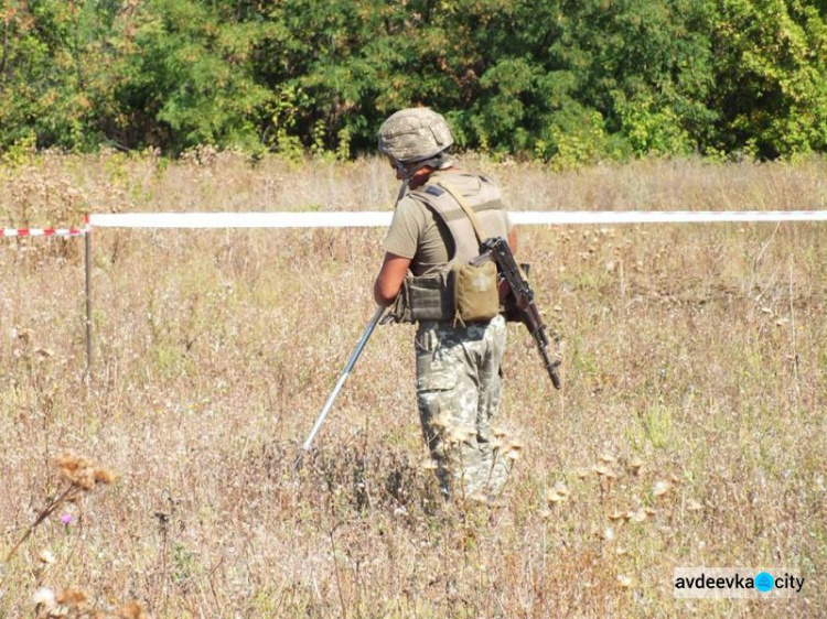 Военные проверяют местность на наличие взрывной опасности вдоль дороги Авдеевка – Опытное