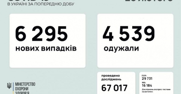 В Україні за останню добу виявили 6295 нових випадків інфікування коронавірусом