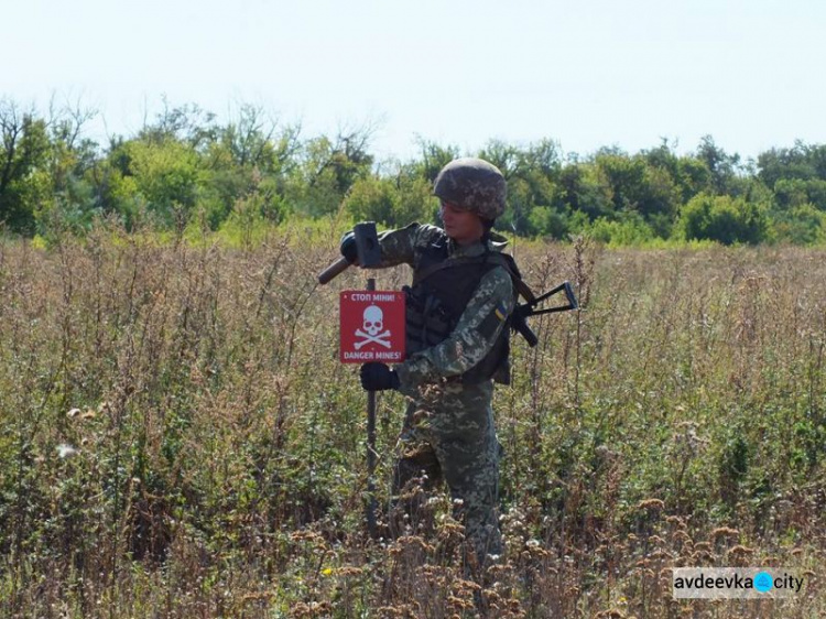 Военные проверяют местность на наличие взрывной опасности вдоль дороги Авдеевка – Опытное