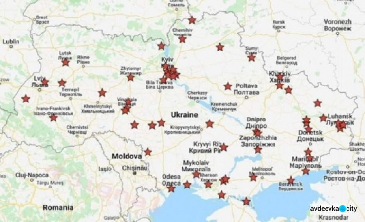 Приблизительная карта атакуемых объектов по всей Украине